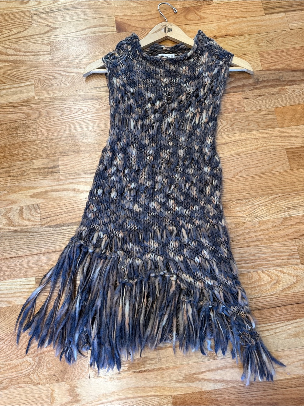 TOGS Sleeveless Knit Fringe Poncho in Navy and Beige- wool